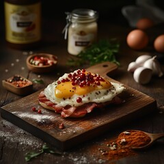 Wall Mural - Fried egg with bacon and cranberries on a wooden board.