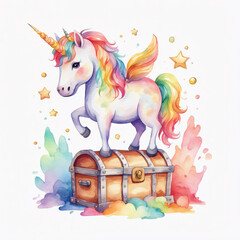 A whimsical unicorn stands proudly on treasure chest, surrounded by colorful splashes and stars, evoking sense of magic and adventure.