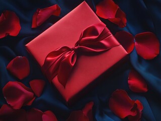 Wall Mural - A red box with a red ribbon sits on a blue background. Concept of romance and love, as the red box and ribbon symbolize a gift for a loved one