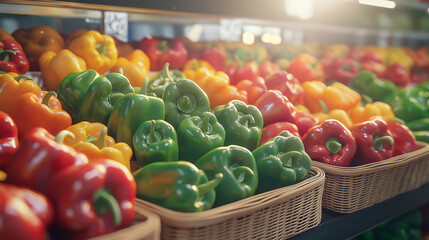 A variety of peppers are displayed in a market. The peppers are in different colors and sizes, including green, red, and yellow. Concept of abundance and freshness