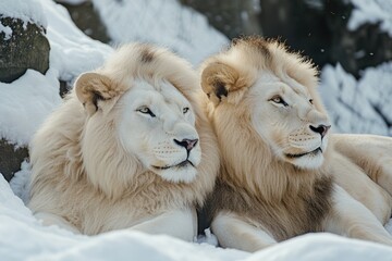 Wall Mural - two lions are laying down in the snow. one is looking at the camera. the other is looking away