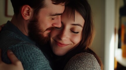 Canvas Print - A man and woman are hugging each other, both smiling. The man has a beard and the woman has brown hair. Scene is warm and affectionate