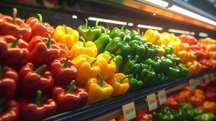 A variety of peppers are displayed in a market. The peppers are in different colors and sizes, including green, red, and yellow. Concept of abundance and freshness