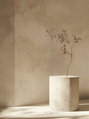 Wall Mural - A small plant is sitting on a pedestal in front of a wall. The plant is a small tree with a brown stem and leaves. The pedestal is made of concrete and is placed on a white surface