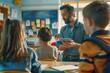 © vefimov - A teacher is holding a tablet in front of a group of children. The children are sitting in their chairs, and the teacher is trying to teach them something. Scene is educational and informative
