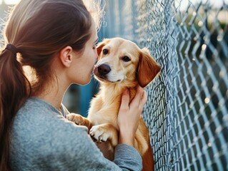 Wall Mural - A woman is petting a dog behind a chain link fence. The dog is brown and he is happy