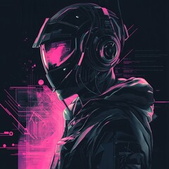 Wall Mural - Futuristic cyberpunk soldier in a helmet with pink neon light.