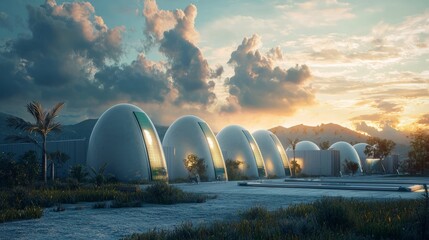 Poster - Futuristic dome shaped homes at sunset.