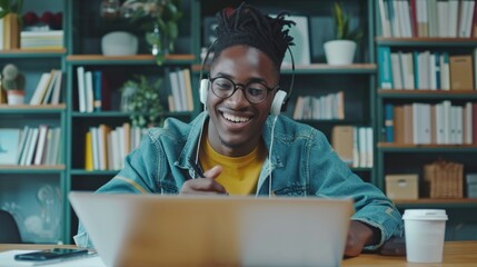 Wall Mural - A young man wearing glasses and a yellow shirt is smiling while using a laptop. He is wearing headphones and he is enjoying his work. The room is filled with books, and there is a cup on the table