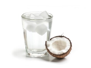 Wall Mural - A glass of water with a piece of coconut on top. The coconut is partially peeled and the water is cold