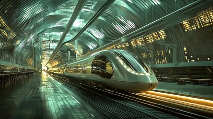 Wall Mural - Futuristic high-speed train entering a modern station.