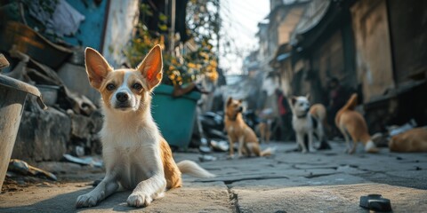 Wall Mural - A dog is laying on the ground in front of a building. There are several other dogs in the background