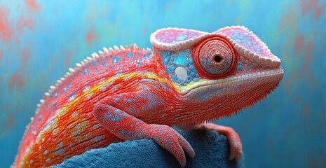 A vibrant chameleon perched on a rock