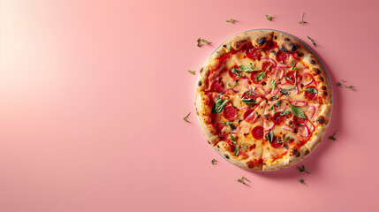 A pizza with red onions and tomatoes sits on a pink background. The pizza is the main focus of the image, and the pink background adds a pop of color and contrast to the scene