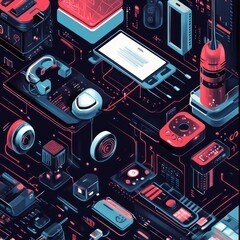 Canvas Print - Futuristic isometric design of interconnected electronic devices on a dark background with red and blue colors.