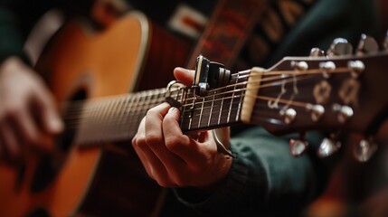 A guitarist tuning their instrument before a performance, focused and ready to play