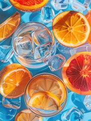 Wall Mural - A glass of water with ice cubes and slices of oranges and grapefruit. The image has a bright and refreshing mood, with the ice cubes and citrus fruits adding a cool and invigorating touch