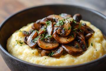 Canvas Print - A bowl of creamy polenta topped with sautéed mushrooms and herbs.