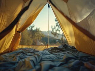 Poster - A tent with a view of the mountains. The tent is yellow and has a blue blanket on it