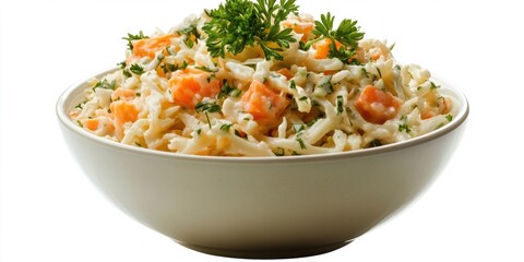 Wall Mural - A bowl of food with a white background. The food is a mix of pasta and vegetables