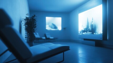 Wall Mural - A blue room with a white chair and a plant. The chair is facing a large television screen