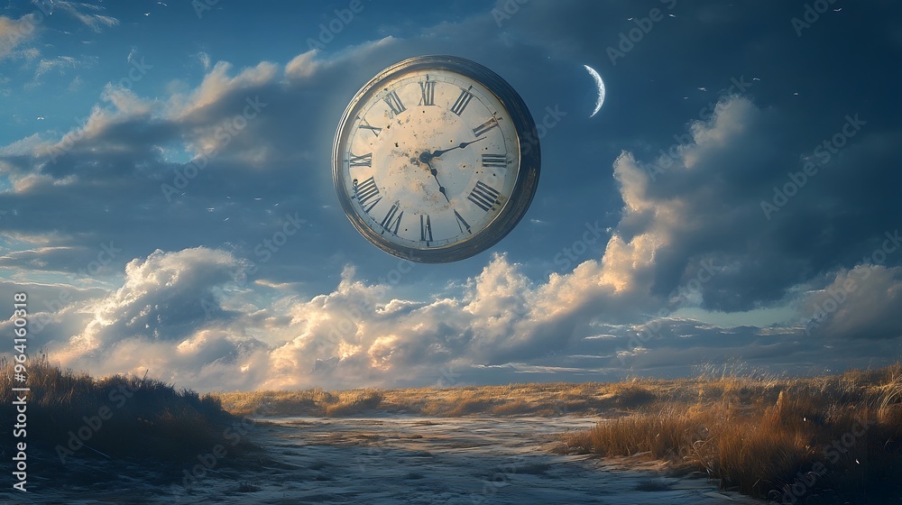 A surreal scene where the moon is replaced by a giant clock floating in ...