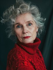 Poster - A woman with red hair and a red sweater is posing for a picture. She has a serious expression on her face