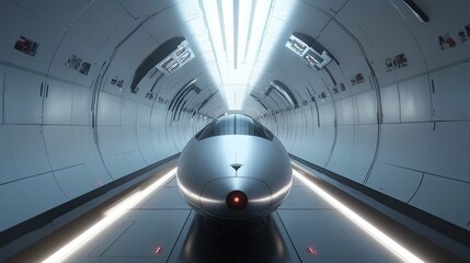 Canvas Print - Futuristic train traveling through a sleek, white tunnel.