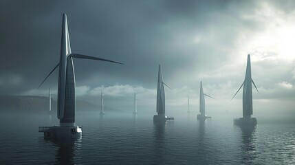 Poster - Futuristic wind turbines stand tall in a misty sea.