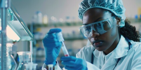 Wall Mural - A woman in a lab coat is wearing a white lab coat and blue gloves. She is holding a test tube and wearing safety goggles. Concept of professionalism and focus