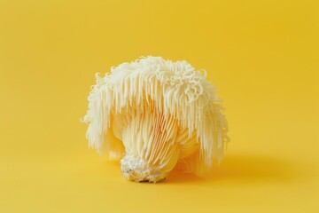 A large white mushroom with a yellow background. The mushroom is very large and has a lot of white hair on it