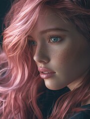 Canvas Print - A woman with long pink hair and blue eyes. She is wearing a black shirt. The image has a mood of confidence and beauty