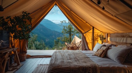 Poster - Glamping tent with a view of the mountains.