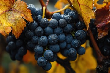 Ripe black grapes hanging from a vine with water droplets