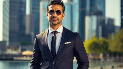 Poster - Handsome confident young Indian businessman standing in city with building background.