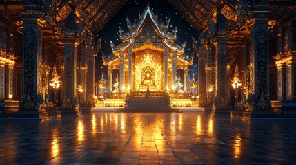 Sticker - Golden Buddha statue inside a traditional Asian temple.