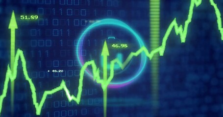 Sticker - Stock market data processing over binary code background with fluctuating graph