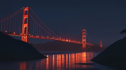 Sticker - Golden Gate Bridge at night with illuminated lights reflecting on water.