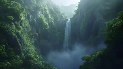 Sticker - Amazing view of a majestic waterfall cascading into misty depths image