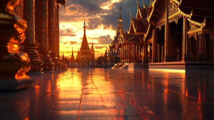 Poster - Golden temple at sunset with reflection on the floor.