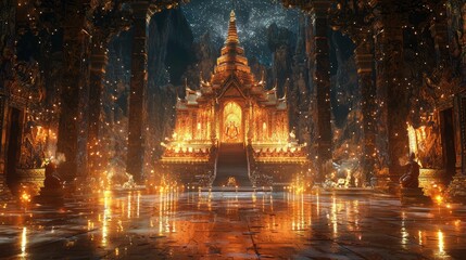 Wall Mural - Golden temple with a starry sky in a cave lit by candles.