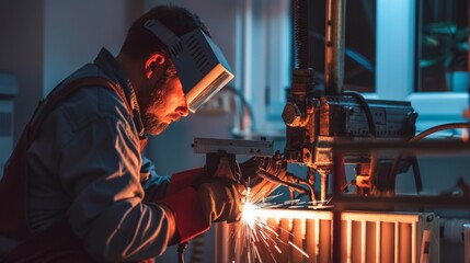 A man in protective gear welds metal pipes with an oxyacetylene torch in an industrial setting. Sparks fly as he works with caution.