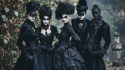 Wall Mural - Group of people dressed in black with white makeup standing in a dark forest.