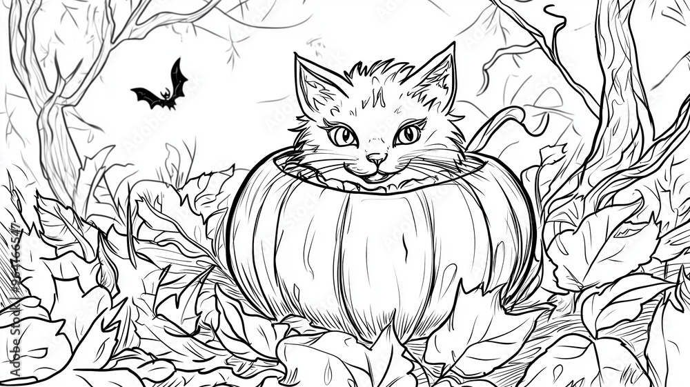 Cute cat and pumpkin Halloween coloring page Stock Illustration | Adobe ...