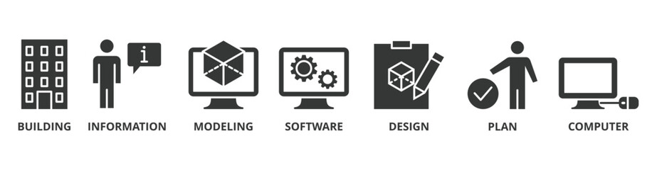 BIM banner web icon vector illustration concept for building information modeling with icon of building, information, modeling, software, design, plan, and computer