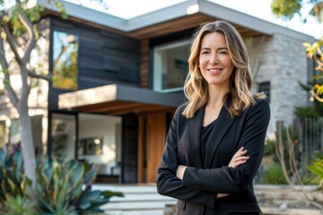 Confident professional real estate agent stands with arms crossed, smiling in front of modern luxury home, showcasing expertise in high-end property sales