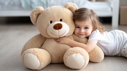 Poster - A little girl laying on the floor hugging a teddy bear, AI