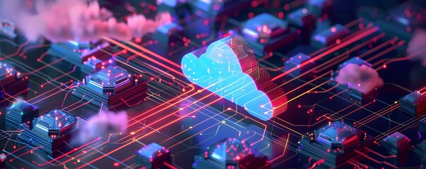 Cloud Computing Network with Neon Lights and Abstract Shapes