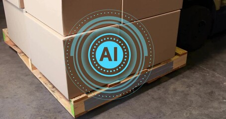 Poster - AI symbol and circular graphic over stacked cardboard boxes on wooden pallet