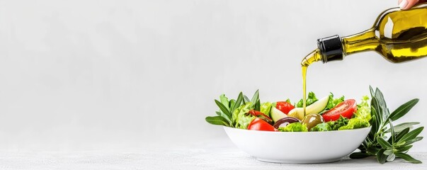 Hand pouring olive oil over a fresh salad, healthy fats for brain health, Mediterranean diet concept